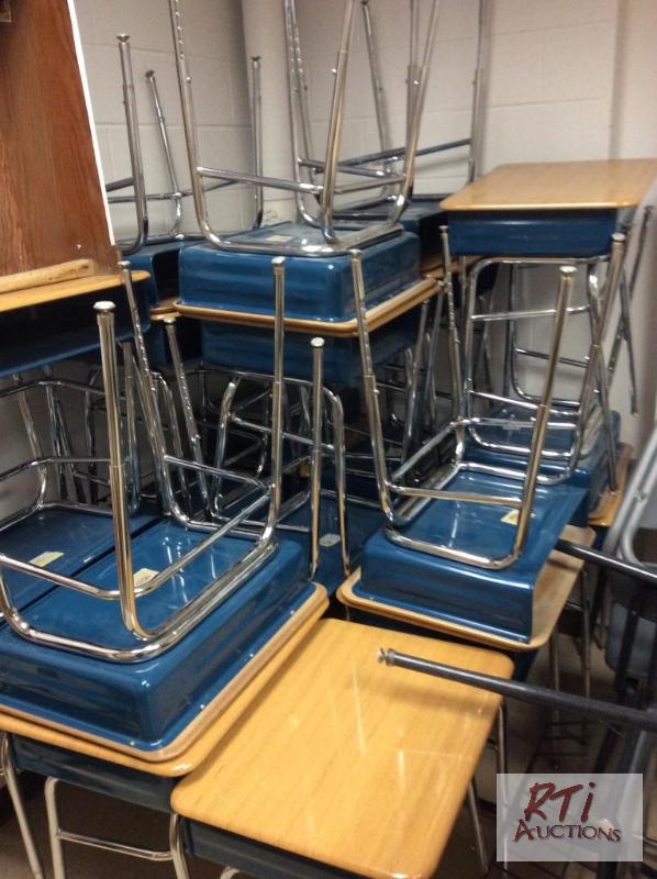 lot 69 image: (25) Student desks with metal book box, no ch...