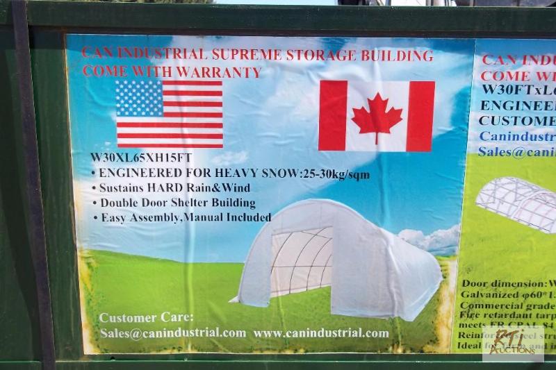 lot 62 image: 30X65X15 storage building, new in box. Locate...