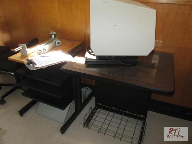 lot 65 image: Brown Printer Stand with rack, black printer ...