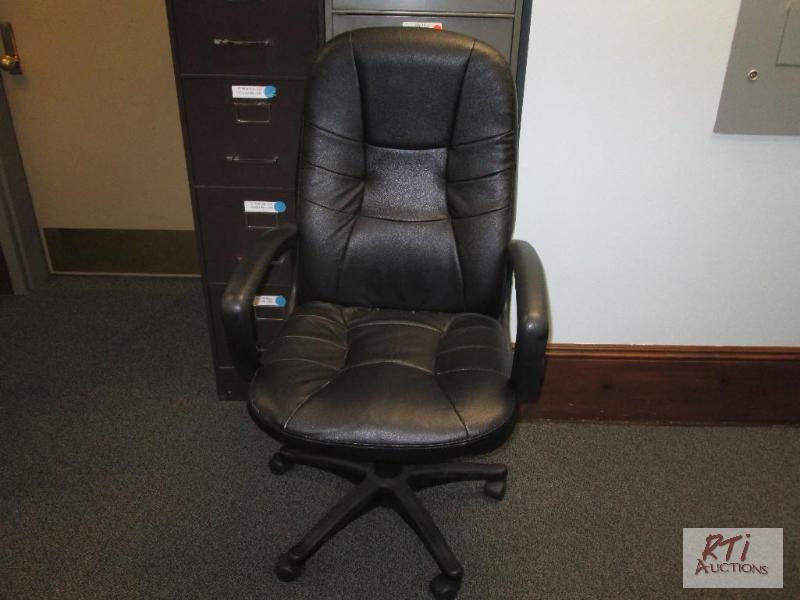 lot 68 image: Black leather chair, Green corduroy fabric ch...