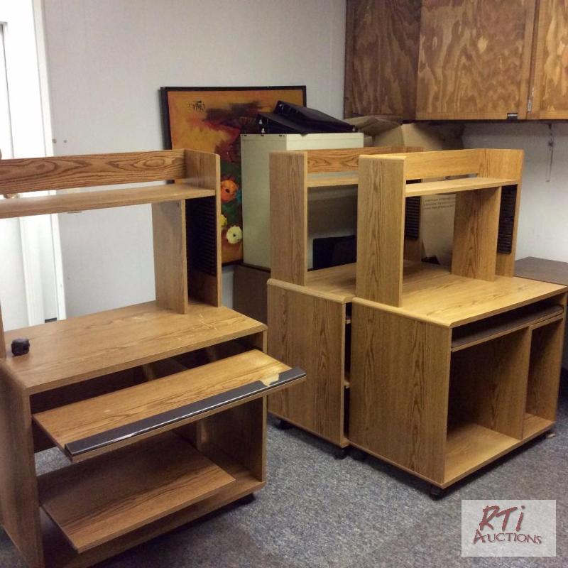 lot 82 image: (3) wood grain pressboard computer stands. Al...