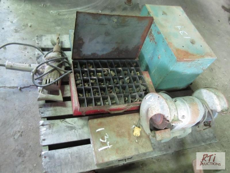 lot 134 image: Pallet of parts drawers, drill, grinder...