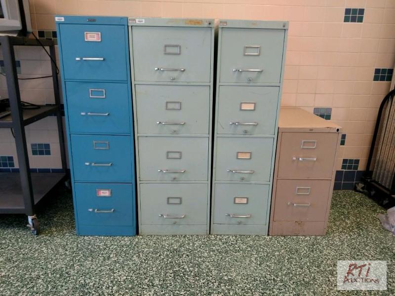 lot 104 image: (3) four drawer filing cabinets, (1) 2 drawer...