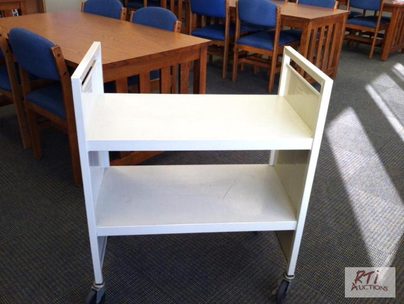 lot 118 image: (2) Shelf metal book cart. All equipment sell...